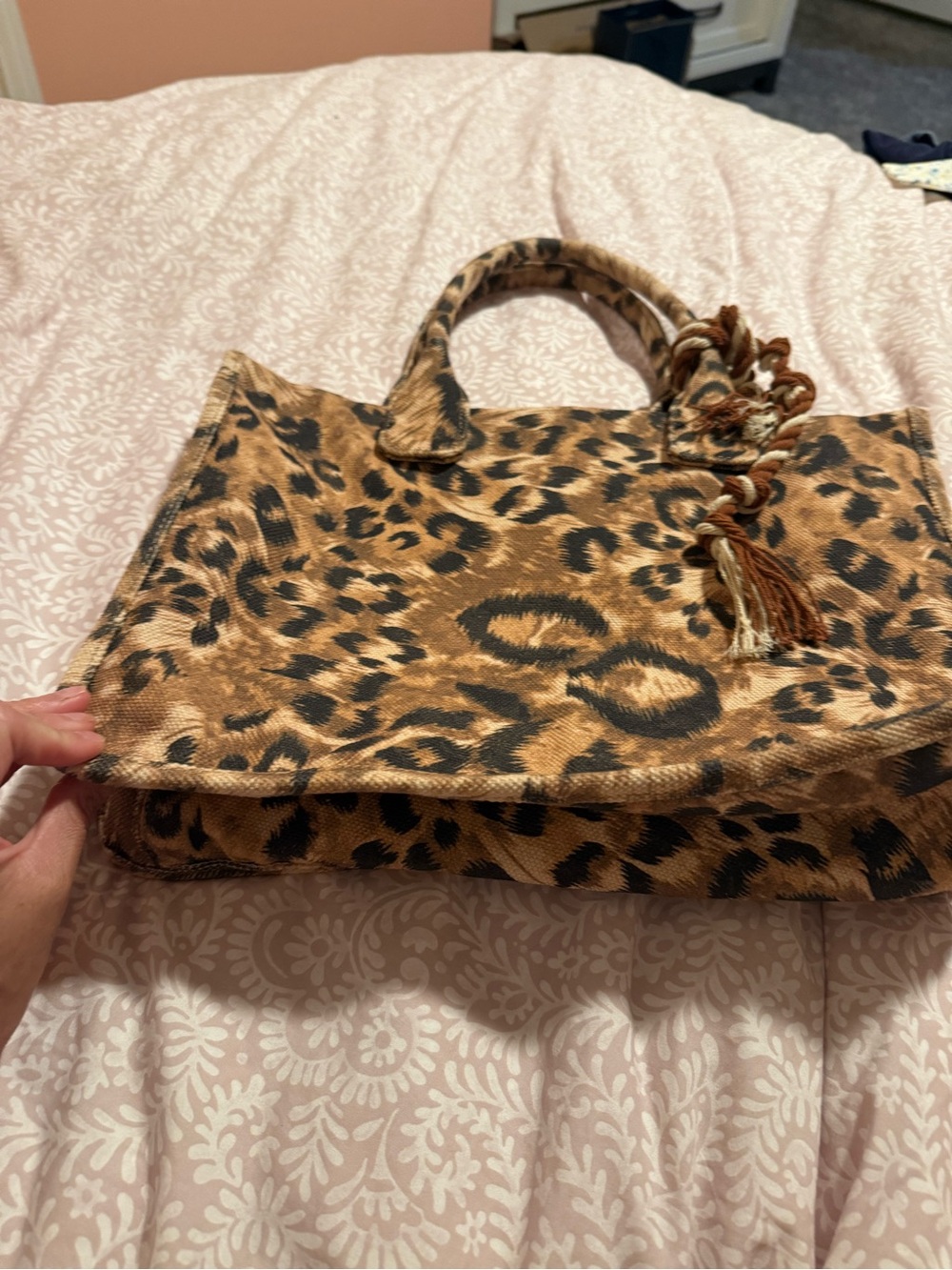 Vince Camuto Canvas Leopard Print Tote Bag with Tassel Accent - Brown